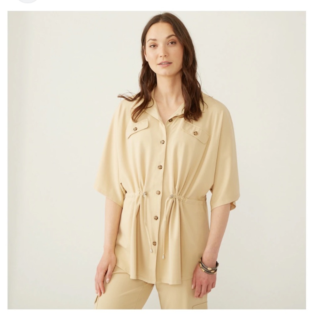 MarlaWynne Womens Tan Beige Shirt Jacket 2X 3/4 Kimono Sleeve Minimalist Neutral